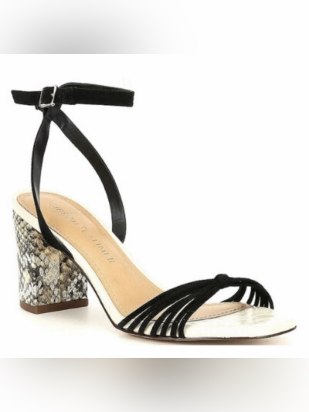 Gibson Latimer Black Strappy Ankle-Heel Sandal with Snakeskin Block Heel Size 7